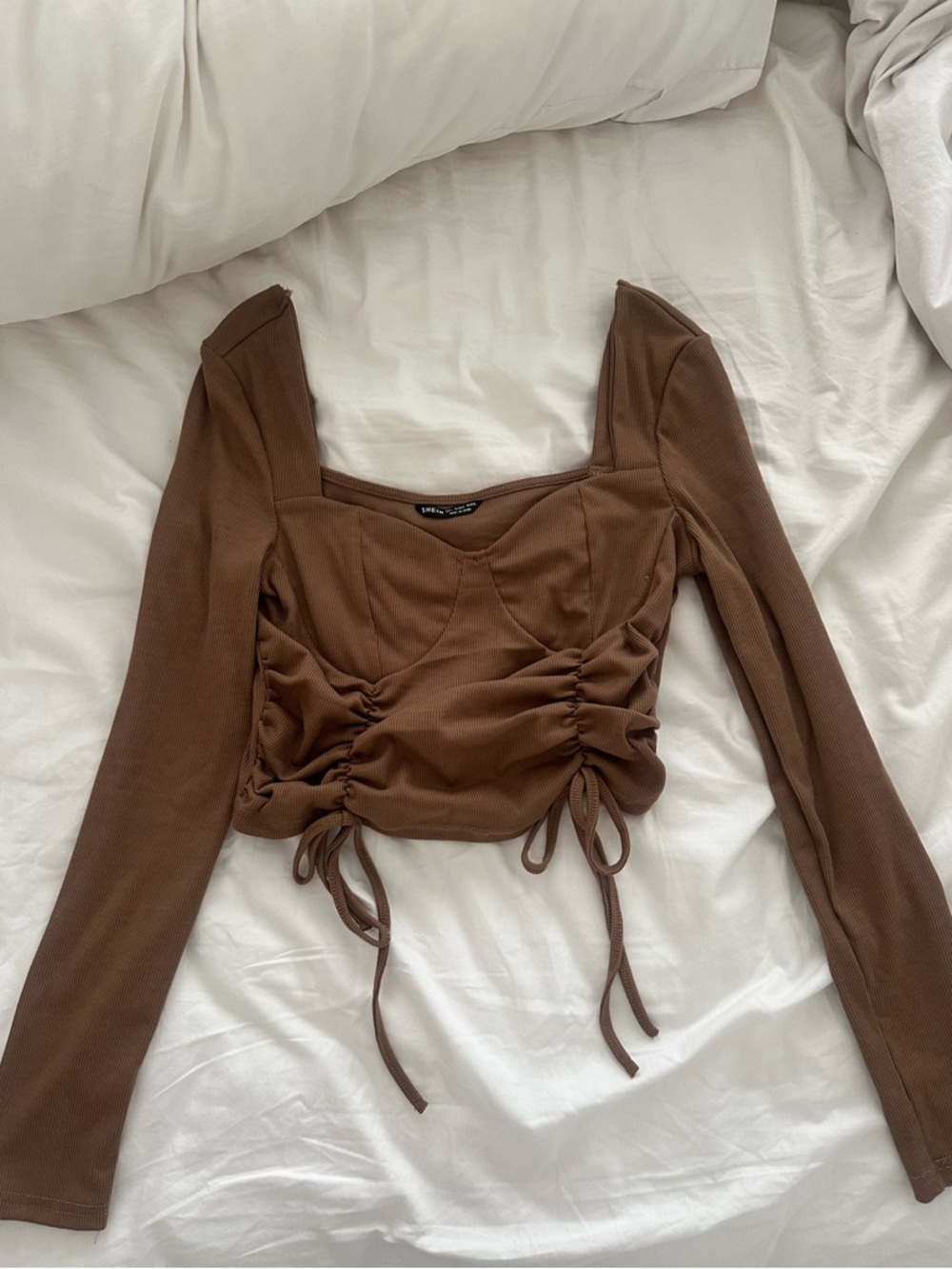SHEIN Brown Ruched Square-Neck Long Sleeve Crop Top